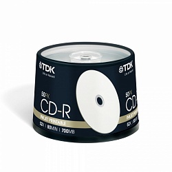 Диск CD-R TDK 700 MB 52-х, Cake Box (50), Printable