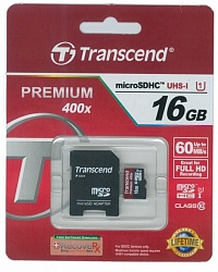 Флеш карта microSDHC 16GB Transcend Class10+adapter