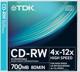 Диск CD-RW TDK 700 Mb HIGH SPEED, 4-12-х (В КОРОБКЕ) 